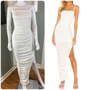 Superdown Milani White Ruched Maxi Dress Stretch Bodycon Asymmetrical High Low